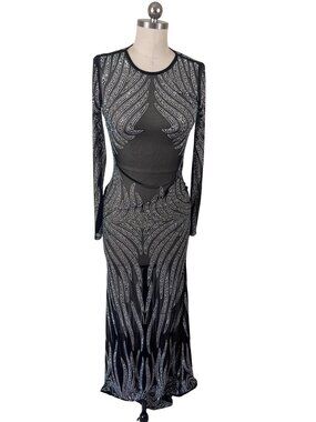 Banjul Black Mesh Rhinestone Maxi Naked Dress Gown Small Vegas Glam Luxury Gala